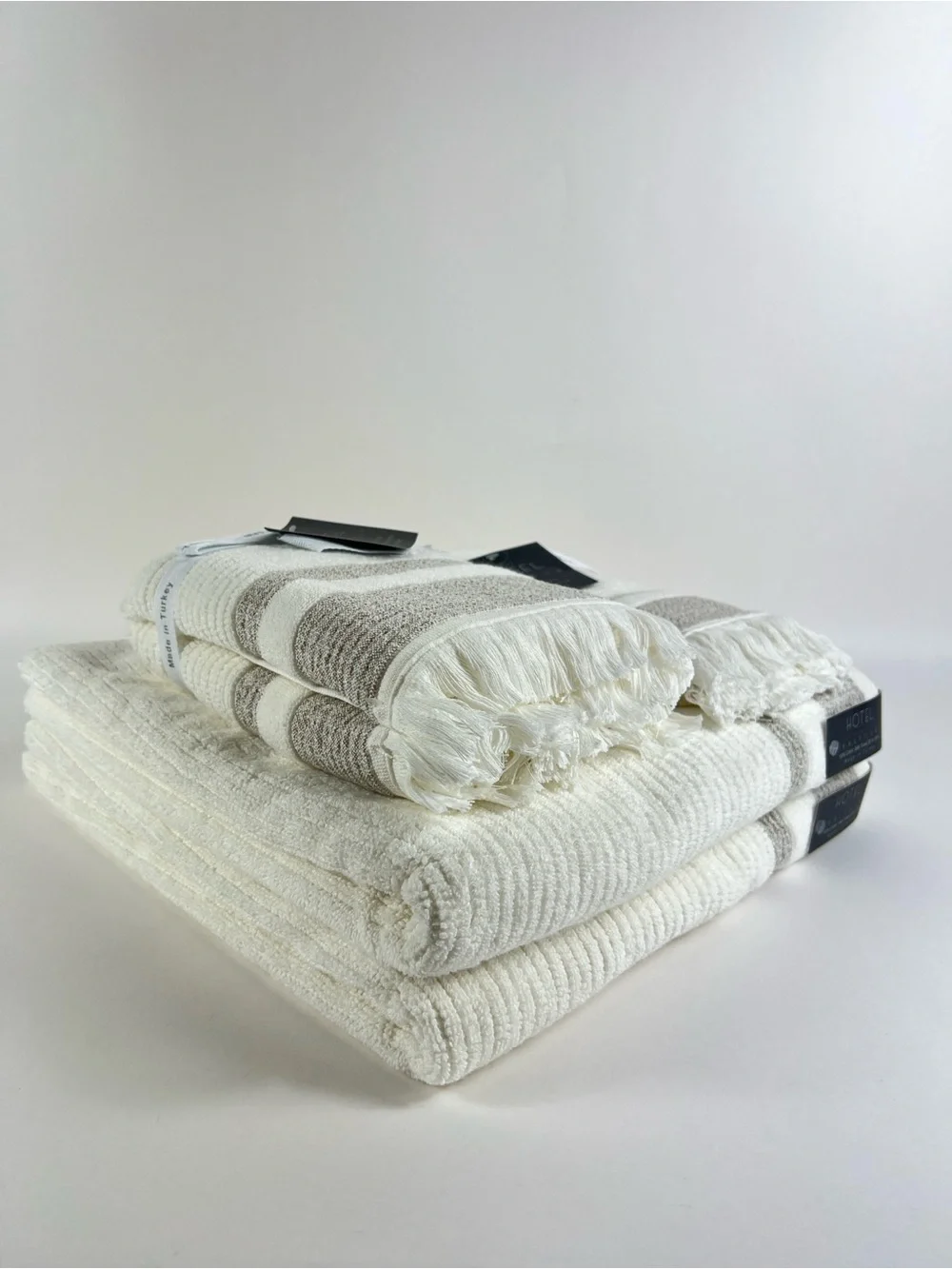 Hotel Balfour BathTowel Set White Tan Stripe Fringe Soft Turkish Cotton 6 Pc NEW